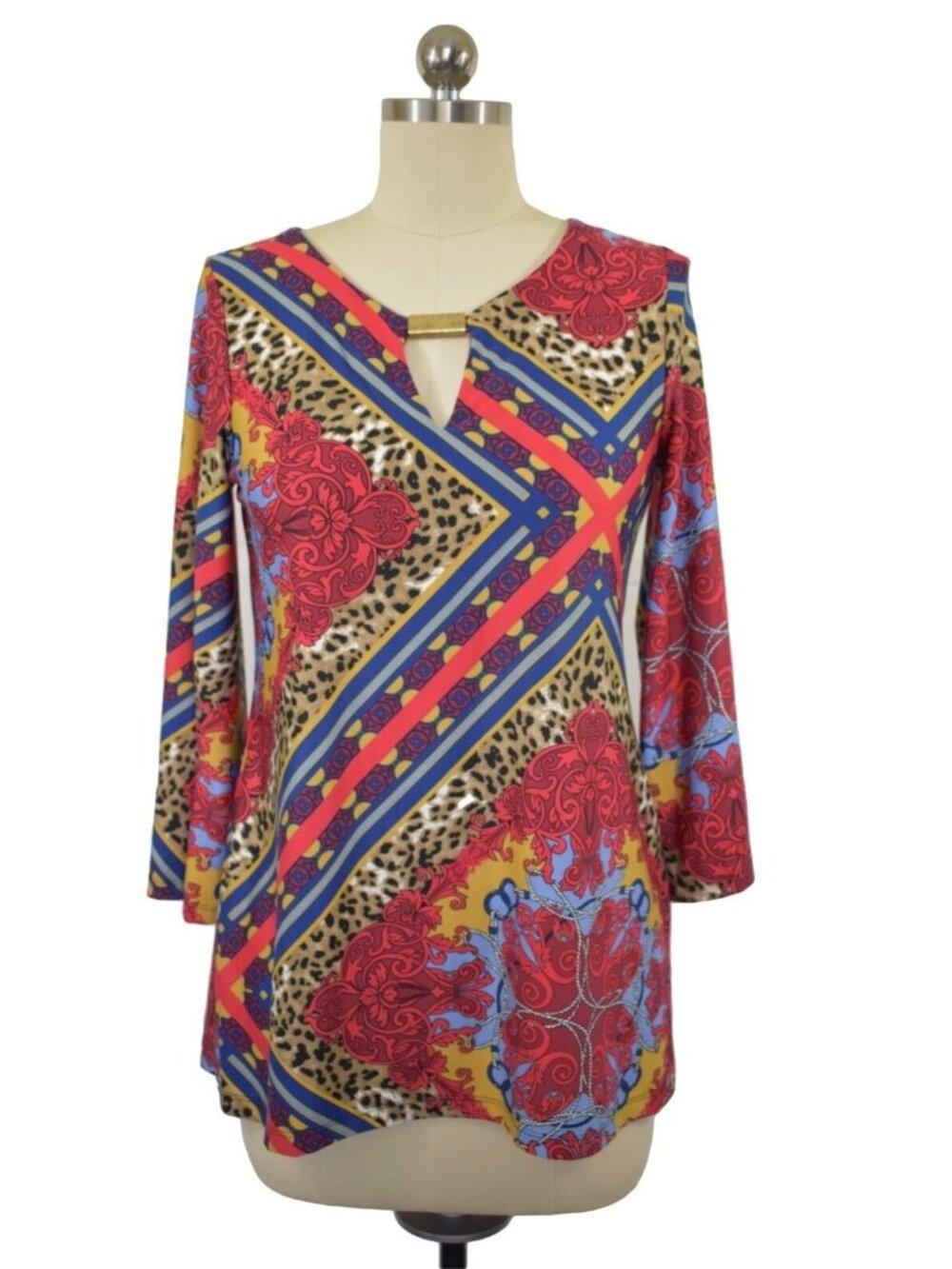 Sunny Leigh Y2K Tunic Top Small Red Paisley Animal Print Hardware Eclectic Glam